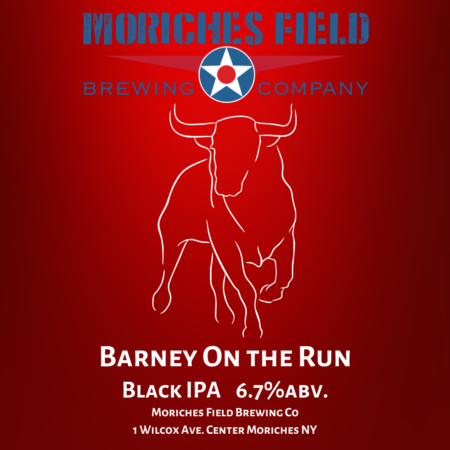Label featuring a bull for Barney on the Run black IPA