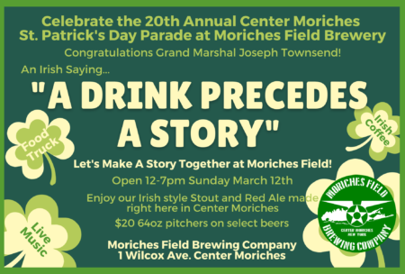 Advertisement for our CM parade day celebration with Green background and Irish clovers