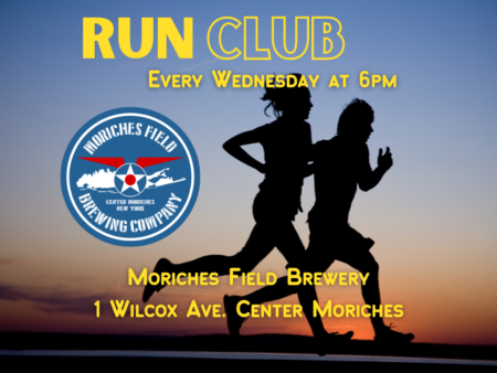 announcement for run club at 6pm, 2 people running at dusk